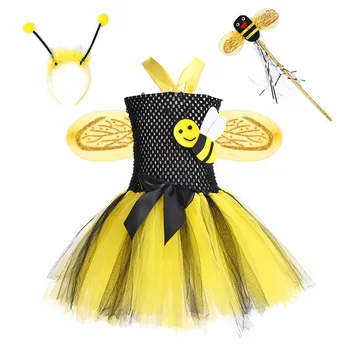 Medus bišu Pasaku Kleita Meitenēm Toddler Kostīmi Bišu Bērni Bērniem Halloween Masku Tutu Kleitas ar Spārniem Uzstādīt Tērpiem 1-12 Gadiem