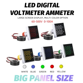 Big LED 2in1 22mm Liels Displejs Ammeter un Voltmetrs Metru 60-500V 0-100A AC Strāvas Indikators Digitālais Sprieguma Amp