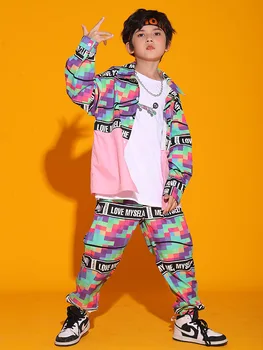 Krāsains Režģu Mētelis, Bikses Bērniem Hip Hop Deju Kostīmu Kpop Skatuves Apģērbs Meitenēm Džeza Sniegumu, Apģērbu Zēniem, Uzvalks BL7291