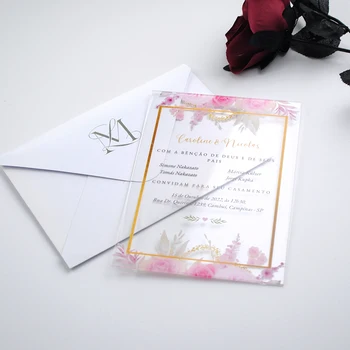 Rozā Ziedu Romantisku Kāzu Kartes, UV Drukas Pasūtījuma Akrila Karti ar Ietīt Lapa 10pcs Dzimšanas dienas Kartes Modelis
