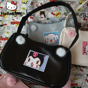Sanrio Hello Kitty Kuromi Ikdienas Pleca Soma, Y2k PU Ādas Sieviešu Soma Portatīvo Zip Somā korejas Universāls Dizainers Gudrs Soma