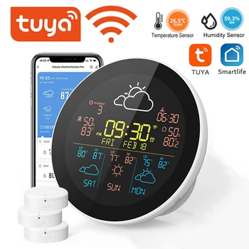 Tuya WiFi Smart Laika Stacija ar Modinātāju 3 Dienu Laika apstākļu Prognozi Bezvadu Temperatūras Termometru, Higrometru, kas ar Sensoru