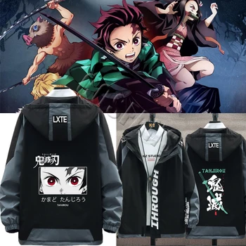 Anime Demon Slayer Kamado Tanjirou Nezuko Cosplay Tērpu Modes jaka, mētelis apģērbs Unisex pelēkā vārna Rāvējslēdzēju, Kapuci sporta Krekls