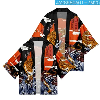 Vintage Japāņu Haori Tiger Vilnis Iespiesti Kimono, Vīriešu, Sieviešu Jaciņa Samurai Drēbes Melnas Drēbes Vasaras Yukata