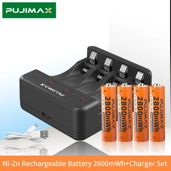 PUJIMAX 4 Slots AAA/AA Akumulatoru Lādētāja Komplekts LED Smart Displejs Lādētāju ar 1.6 V AA 2800mWh Uzlādējami Ni-Zn Akumulatora Izturīgs