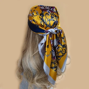 2022 Jauno 90*90cm Retro Zīmolu Sieviešu Zīda Šalle Bandanna Modes Bohēmijas Modelis Laukumā Hijab Dāmu Wrap Galvu foulard muffler