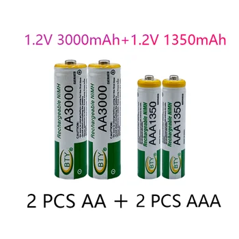 Pilnīgi jauns 1,2 V AA 3000mAh Ni MH uzlādējams akumulators + AAA baterijas 1350MA uzlādējams akumulators Ni MH 1,2 V AAA baterijas
