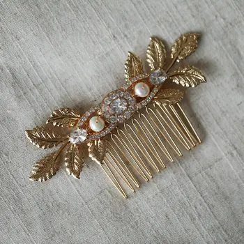 Spīdīga zircon kristāla līgavas matu ķemme elegants pērle galvassegu metāla lapiņu ziedu kāzu matu aksesuāri