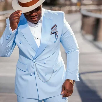 Slim Fit Vīriešu Uzvalks Ar Dubultu Krūtīm, Gaismas Sky Blue 2 Gabals Līgavainis Uzvalku Kāzu Balli Āfrikas Cilvēks Modes Komplekts Jaka Bikses